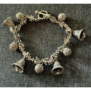NOVICA INDONESIA STERLING SILVER 925 BOROBUDUR BELL CHARM TOGGLE BRACELET 7.75"